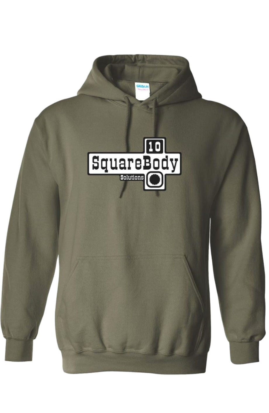 Green hoodie with '10 SquareBody' logo on front, back blank, on a white background