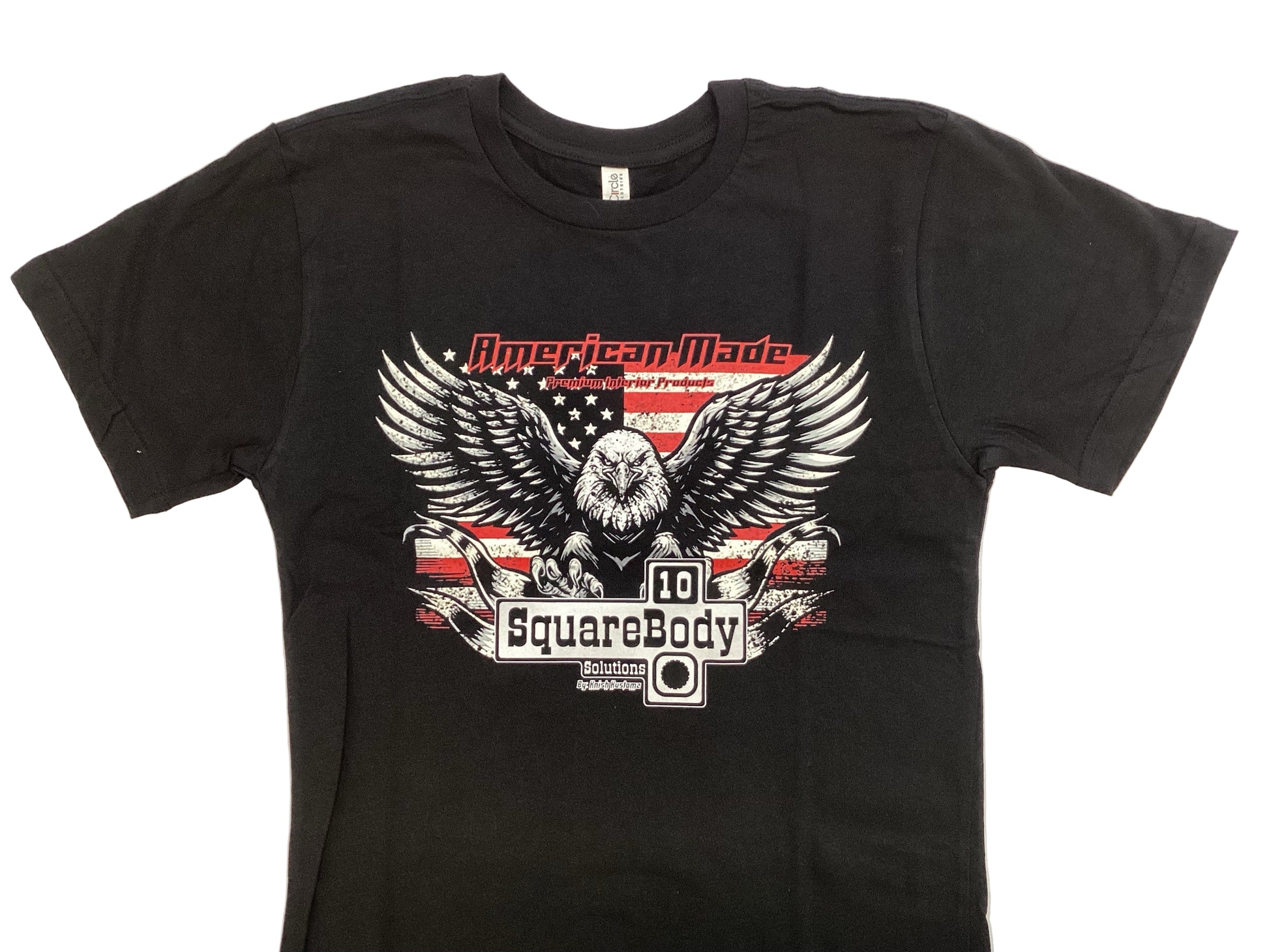 Black t-shirt with an eagle graphic and Square Body Emblem on an American Flag