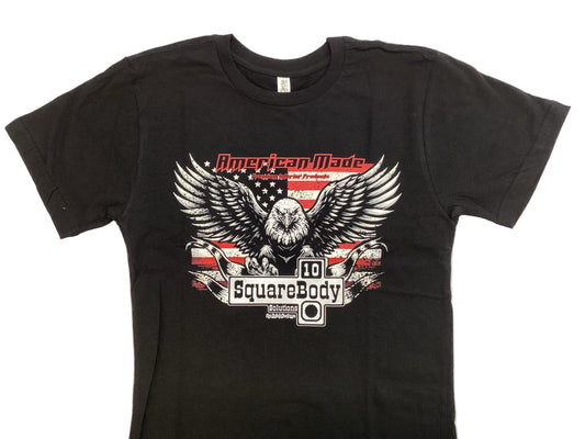 Black t-shirt with an eagle graphic and Square Body Emblem on an American Flag