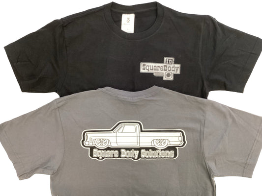 Gray and black t-shirts with 'SquareBody' logo on a white background and slammed C10 on back