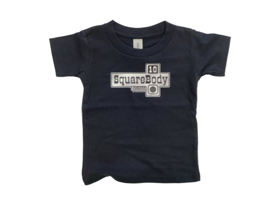 Black t-shirt with '10 SquareBody' logo on a white background