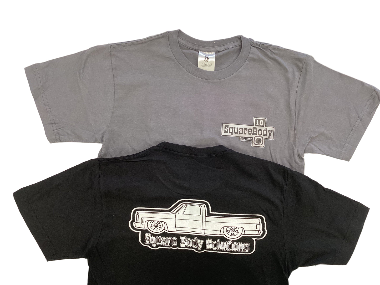 Gray and black t-shirts with 'SquareBody' logo on a white background and slammed C10 on back