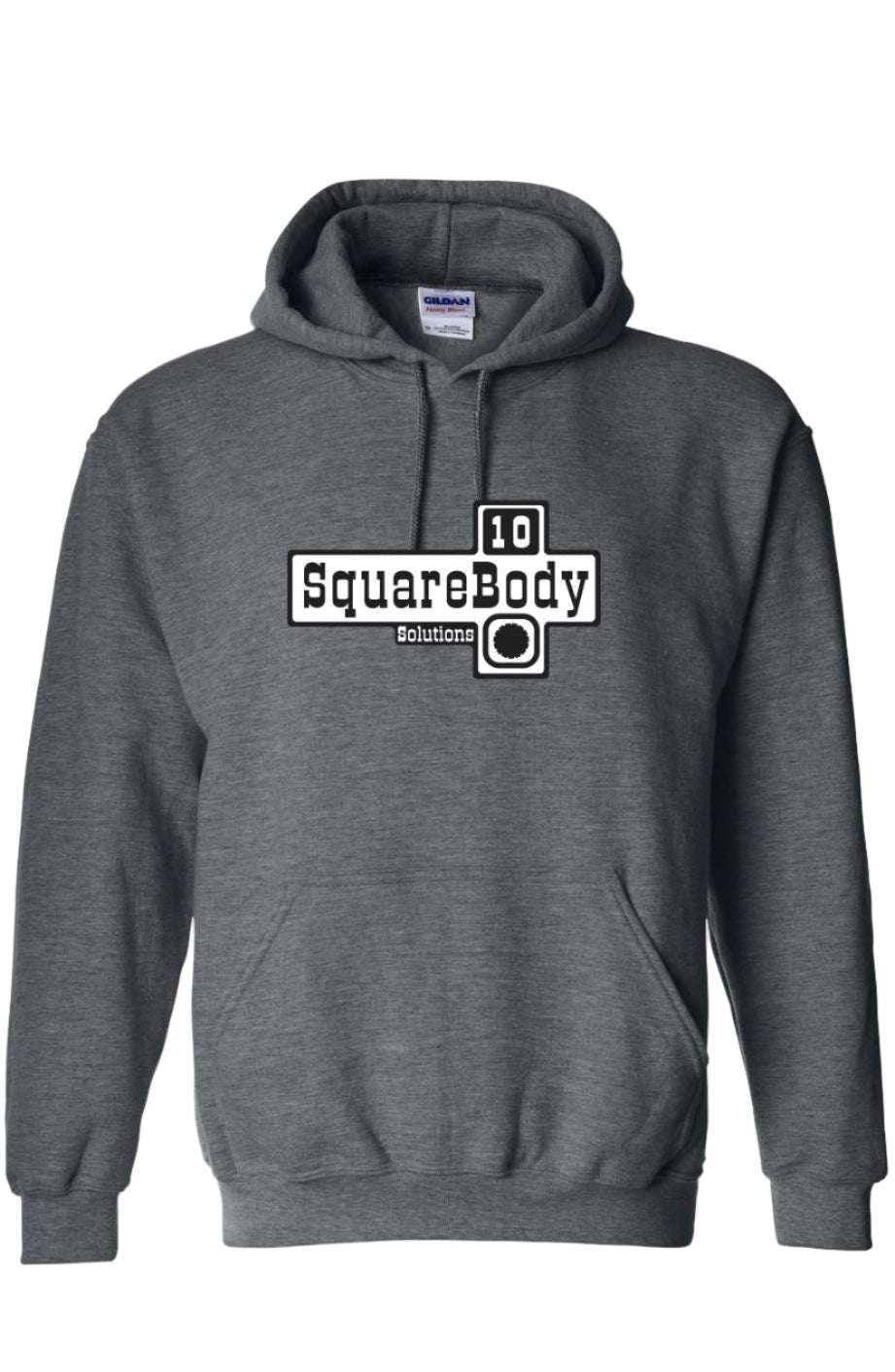 Gray hoodie with '10 SquareBody' logo on a white background