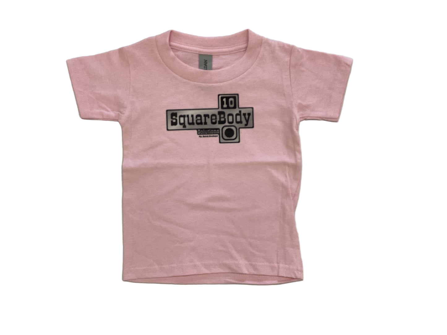 Pink youth t-shirt with 'SquareBody' logo on a gray background