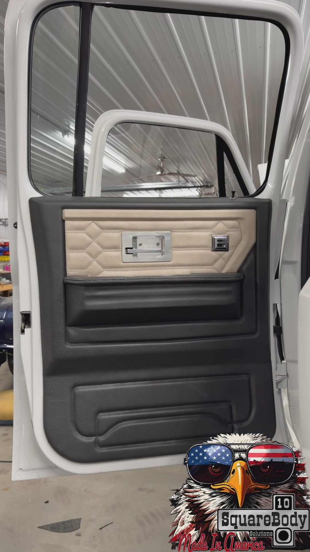 Legacy Series door panels in black with cream hex-stitched inserts