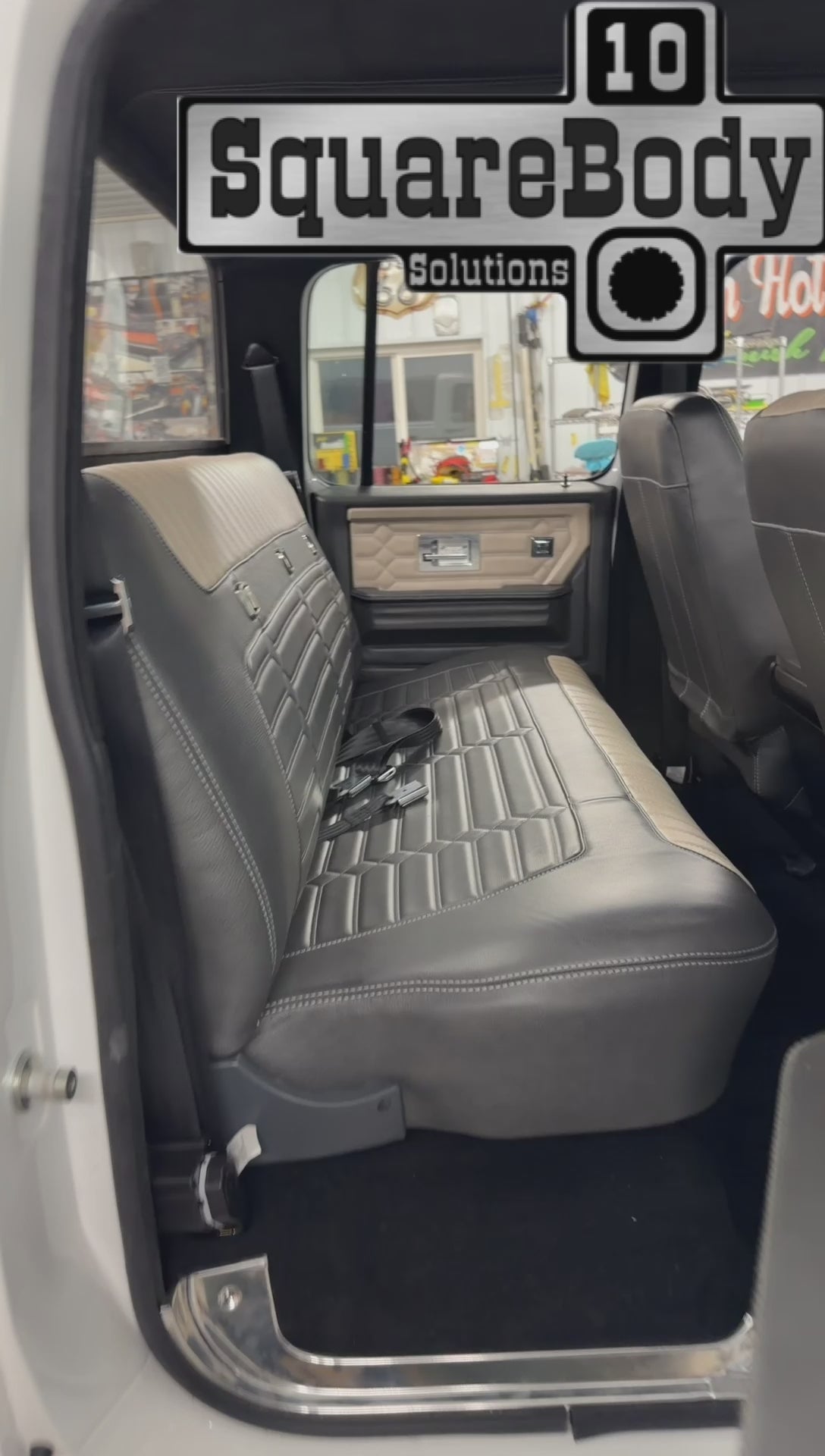 Walkaround of a Legacy Series TriMax interior in black and cream leather, crew cab square body